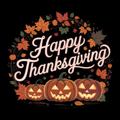 Happy thanksgiving greeting with carved pumpkins and autumn leaves