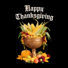Happy thanksgiving decorative cornucopia with harvest fruits and vegetables