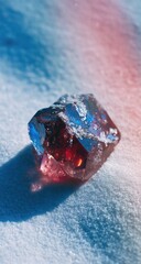 Afaceted, dark red crystal rests on a bright, textured white surface, illuminated by a soft, blue and pink light gradient.  Its translucent form casts a subtle shadow