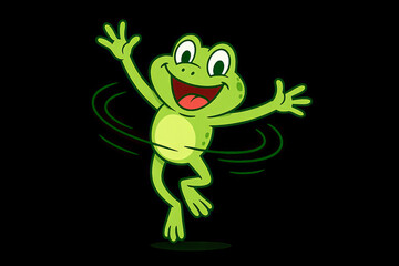 Fototapeta premium Joyful cartoon frog spinning happily on black background. concept of cheerful amphibian, fun animation, happy dance