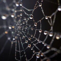 Close-up of tiny water droplets glistening on spider silk.