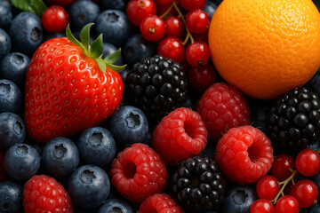 Obraz premium Fresh berry medley featuring strawberries, blueberries, raspberries, and oranges enhanced with vivid colors. concept of healthy eating, fruit variety, refreshing snack