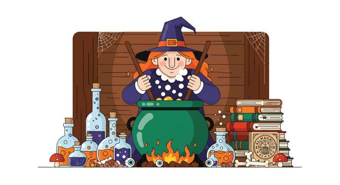 witch stirring cauldron, halloween cartoon style clip art preview