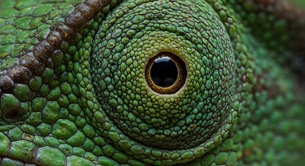 Macro shot of a chameleons eye showcasing its textured green skin and the dark pupil