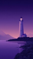 A solitary lighthouse, white and tall, stands illuminated against a twilight sky, its light casting a gentle glow on the calm, purplish water and dark rocky shore.