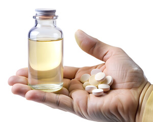 hand holding a bottle bottle, white, medical, vial, care, healthy, healthcare, bottles, pill, container, liquid, medicine, drug, yellow, spa, food, brown, object, pharmacy, health, 