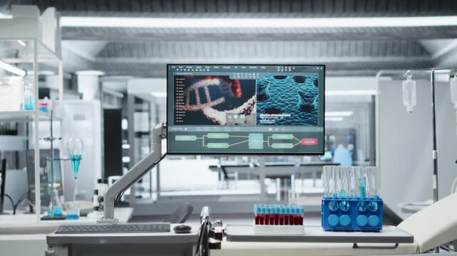 Empty lab filled with modern research equipment and computer screens ready for observation, testing and analysis. Symbolizing innovation and biotechnology development in healthcare and biomedicine.