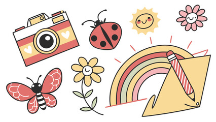 vector illustration of a set of images of the nature cartoon, illustration, ladybug, art, sun, bird, floral, set, cute, design, nature, flower, butterfly, summer, spring, vector, insect, animal, bee, 