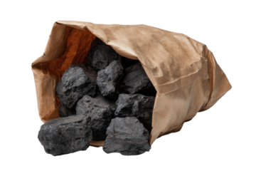Brown paper bag filled with black coal
