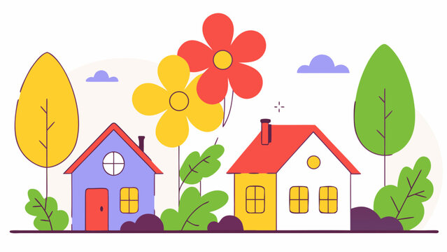 house and trees design, construction, architecture, landscape, garden, illustration, house, home, cartoon, vector, summer, cottage, nature, window, property, sun, door, tree, building, grass, sky, vil