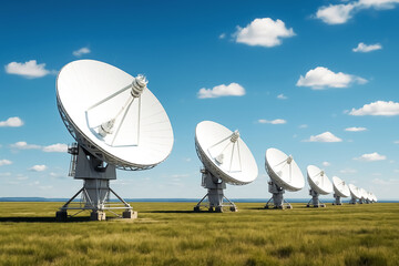 Row of Massive Radio Telescopes Listening for Signals Across a Bright Grassy Plain