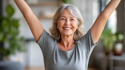 Senior Woman Doing Cross Arm Stretch for Healthy Living at Home