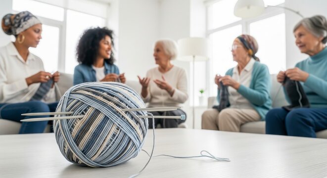 Diverse group of women socializing and knitting together in a cozy living room setting. concept of friendship, creative hobby, crafting community
