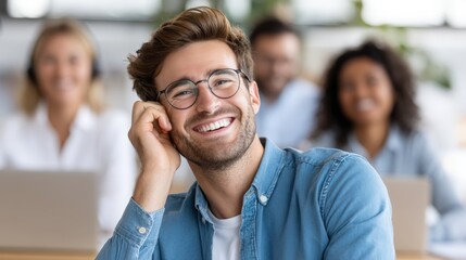 Businessman Wearing Eyeglasses Smiling While Listening to Discussion
