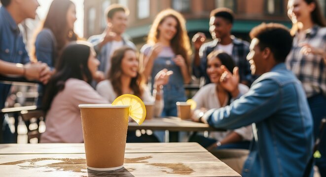 Young diverse friends enjoying coffee at outdoor cafe with a focus on a lemon-accented paper cup. concept of socializing, meeting friends, urban leisure activity