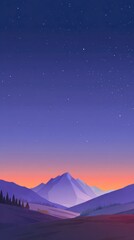 A stylized digital painting of a serene twilight landscape featuring a range of softly lit purple and orange mountains under a dark, starlit sky.  The foreground shows a gently rolling plain