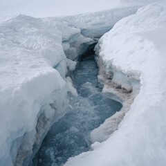 A serene snow-covered landscape with a distinctive meltwater channel.
