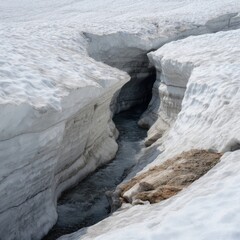 A serene meltwater channel flows beneath a thick snowpack.