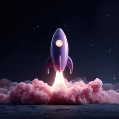 A stylized lavender rocket launches, leaving a trail of pink smoke against a dark, starry sky