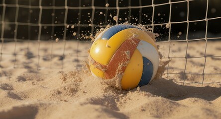 Beach Volleyball Action Shot Ball hitting sand near net with sand splash