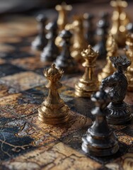 Close-up of a chessboard with ornate, gold and silver pieces, set against a dark, map-like background, showcasing a golden queen in focus