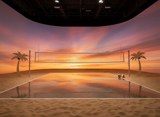 Beach Volleyball Court with Sunset Sky and Palm Silhouettes