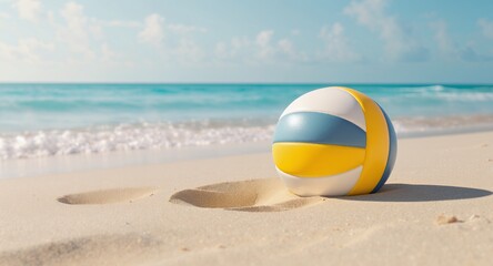 Beach Volleyball on Sandy Shore with Ocean Waves and Blue Sky