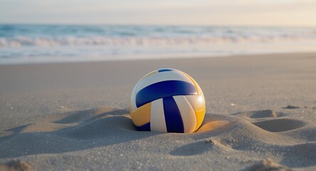 Beach Volleyball on Sandy Shore with Ocean Waves in Background