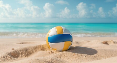 Beach Volleyball on Sandy Shore with Turquoise Ocean and Cloudy Sky