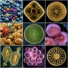 Intricate patterns and shapes of various diatoms under a microscope.