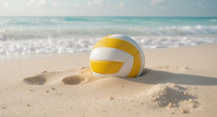 Beach Volleyball Resting on Sandy Shore with Ocean Waves in Background