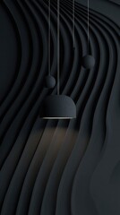 Dark, undulating surface with three matte black pendant lights; the largest emits a soft glow, casting light across the textured background