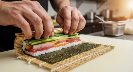 A professional chef making a fresh sushi roll with a bamboo mat. Close-up of preparing japanese food with raw fish and vegetables in a restaurant kitchen