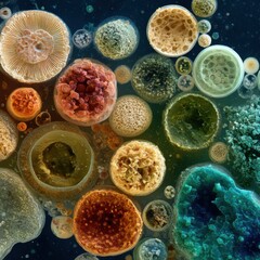 Exploring various mold types under a microscope in vibrant colors.