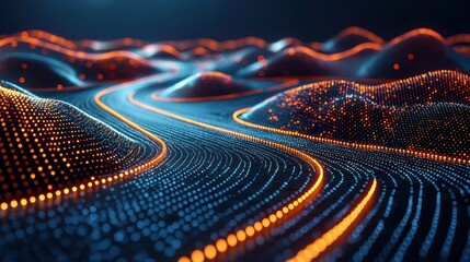 Futuristic abstract illustration with a glowing digital road and particle landscape