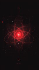 Glowing red orb at the center of a dark, geometric, atomic-like structure, with faint red particles and lines radiating outwards against a black backdrop