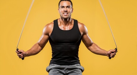 Muscular athletic man exercising with a jump rope. Intense cardio fitness workout on a yellow background. Healthy lifestyle and strength training concept