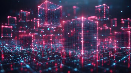 Abstract digital landscape, glowing red cubes floating above a grid of data, blue accents