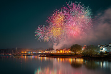 Fireworks over city waterfront at night