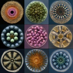 Intricate details of diatoms showcasing diverse shapes and patterns.