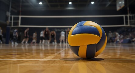 Close-up of a Volleyball on a Wooden Court with Blurred Players and Net in the Background