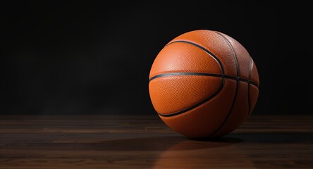 Close-up of an orange basketball on a polished wooden surface with a dark background