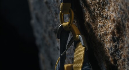 Close-up of Climbing Gear on Textured Rock Face
