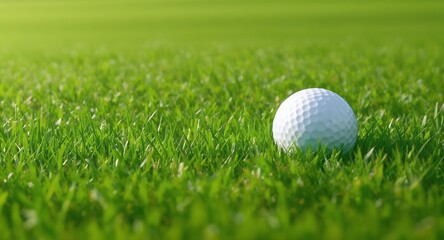 Close-up of a white golf ball resting on vibrant green grass, with a soft bokeh background