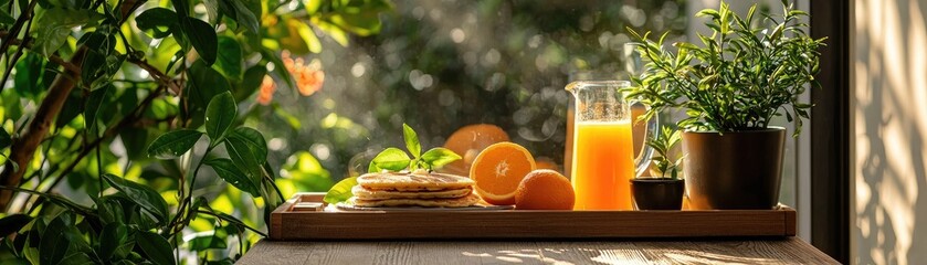 Freshly squeezed orange juice and citrus fruits on a windowsill.