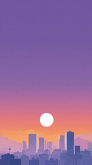Minimalist cityscape sunset illustration, featuring a large white sun centered below a purple-pink gradient sky over a silhouetted city skyline with distant mountains