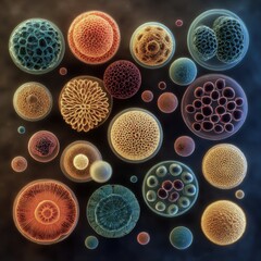 Close-up of diverse yeast cells showcasing different shapes and colors.
