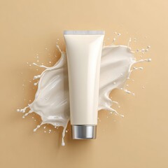 Off-white tube of cream stands in a creamy splash against a beige background.  The splash is dynamic, showing texture and movement