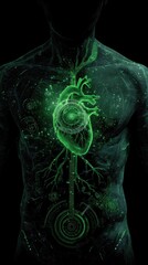 Glowing green anatomical heart with veins and circulatory system, depicted on a dark, translucent male torso, featuring technological circular elements