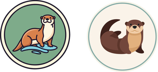 Adorable Flat Design Otter Characters in Green and Cream Circles
